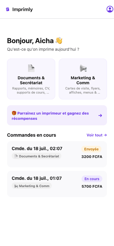 Accueil de l'app Imprimly côté client, avec les commandes en cours