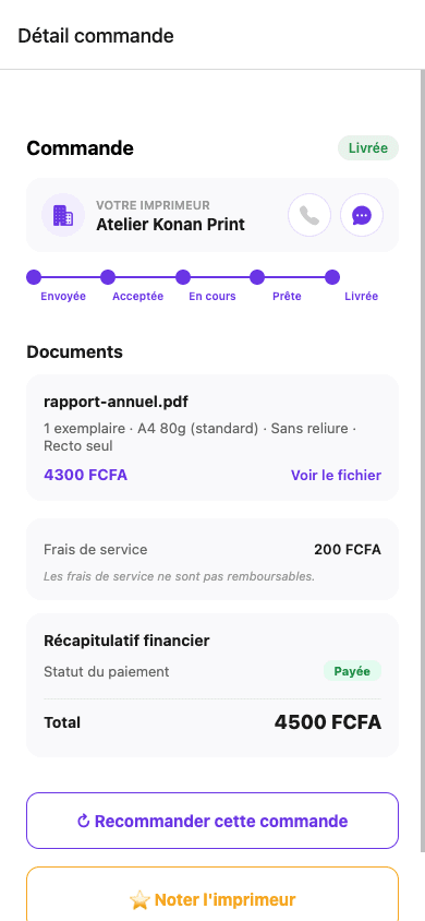 Détail d'une commande Imprimly avec sa timeline de suivi en temps réel