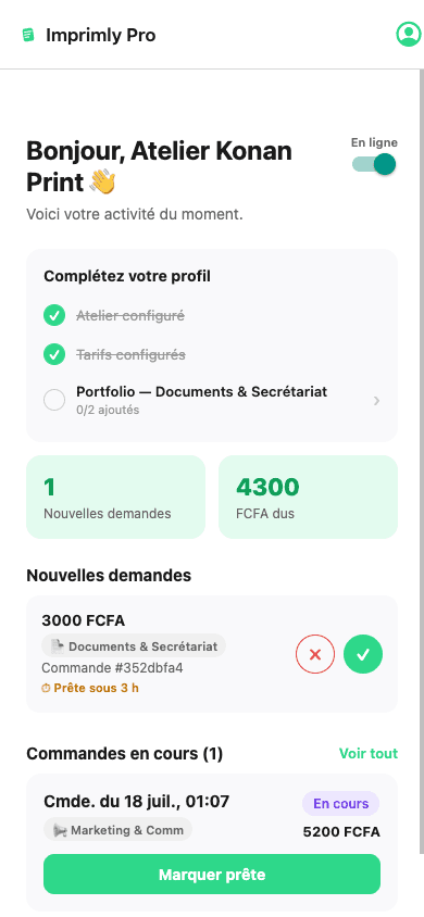 Accueil de l'app Imprimly Pro, avec les nouvelles demandes et commandes en cours