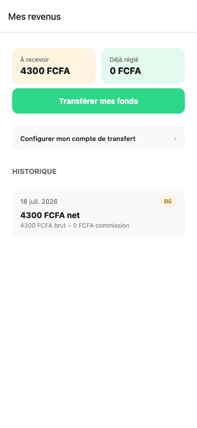 Écran des revenus Imprimly Pro, avec le détail des montants à recevoir et déjà réglés